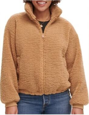 Levi's Womens Full Zip Teddy Sherpa Jacket Small Camel Tan Long Sleeve EUC